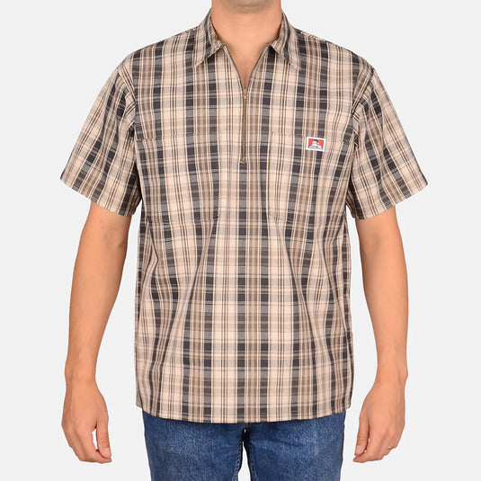 Ben Davis S/S Plaid Half Zip Shirt - Khaki/Gray - Front