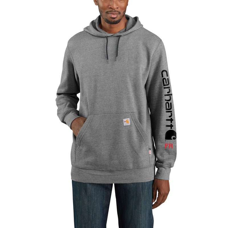 Load image into Gallery viewer, Carhartt Flame-Resistant Force® Midweight Signature Sleeve Logo Pullover Hoodie Granite Heather
