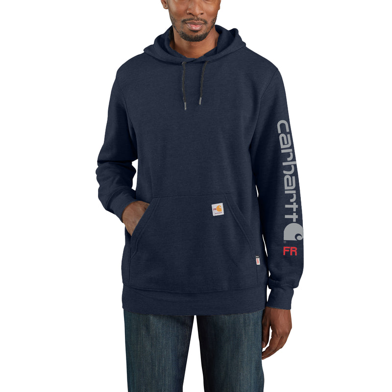 Load image into Gallery viewer, Carhartt Flame-Resistant Force® Midweight Signature Sleeve Logo Pullover Hoodie Navy
