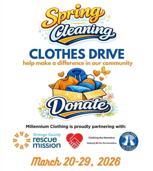 Imfo graphic of Millennium Clothing's Spring Cleaning Clothes Drive