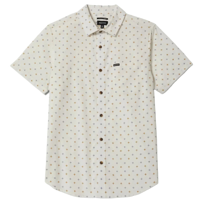 Load image into Gallery viewer, Short-sleeve woven off white shirt with a subtle multi-color diamond pattern 
