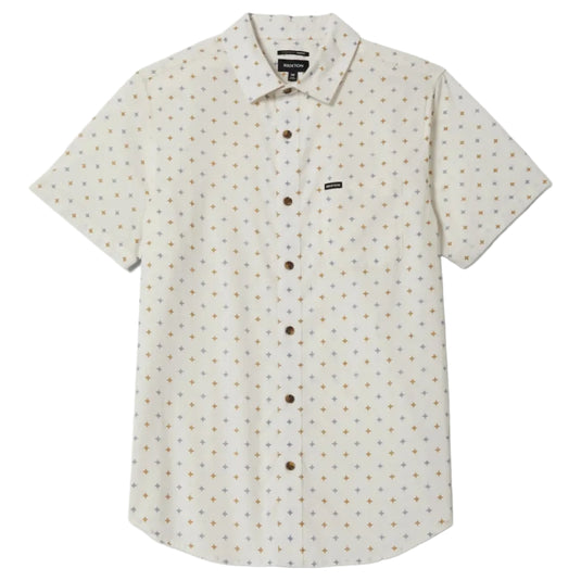 Short-sleeve woven off white shirt with a subtle multi-color diamond pattern 