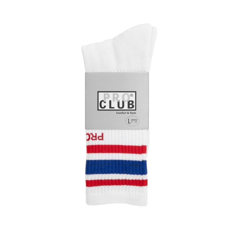 Load image into Gallery viewer, White sock with red and blue stripes on a white background
