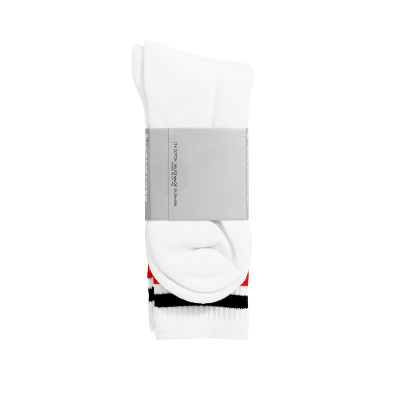 Load image into Gallery viewer, White socks with black and red stripes in packaging on a white background
