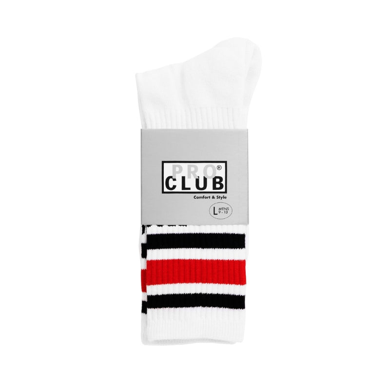 Load image into Gallery viewer, White sock with black and red stripes on a white background, featuring Pro Club branding.
