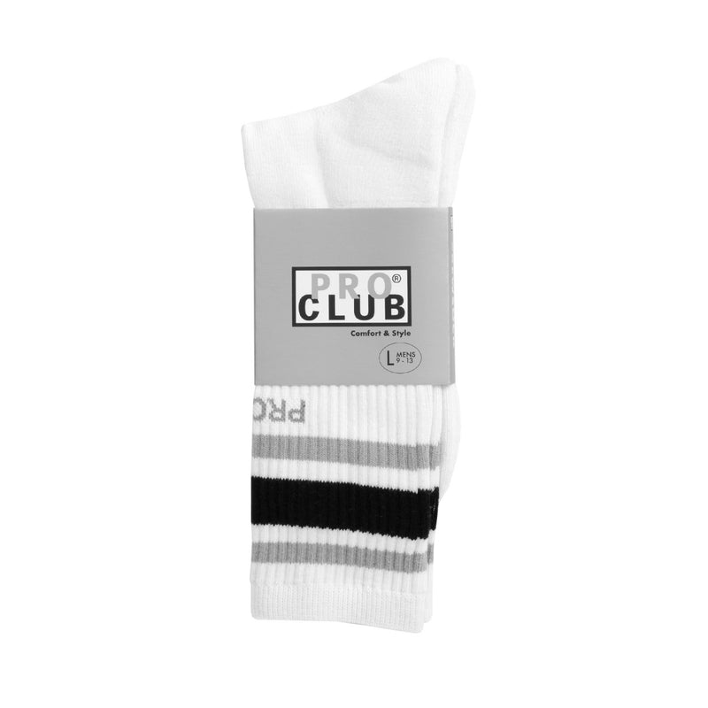 Load image into Gallery viewer, White sock with black and gray stripes on a white background, featuring Pro Club branding.
