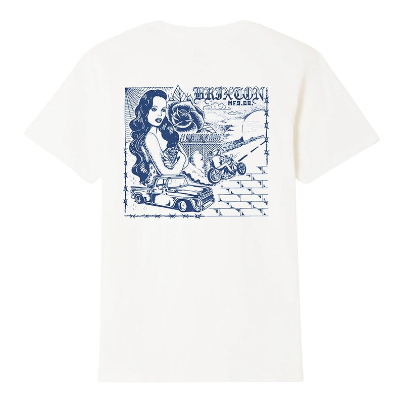 Load image into Gallery viewer, This standard-fit t-shirt is crafted from 100% cotton, delivering a soft, breathable feel that’s comfortable enough for all-day wear. The back showcases a bold Brixton garage-inspired graphic, blending vintage illustration with rebellious, street-ready attitude. Featuring classic automotive and moto influences, the detailed artwork adds a timeless edge that stands out without trying too hard.
