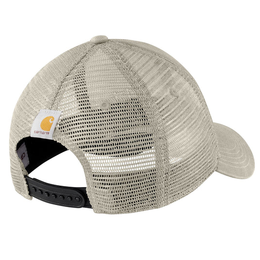Beige mesh cap with Carhartt logo and adjustable plastic strap