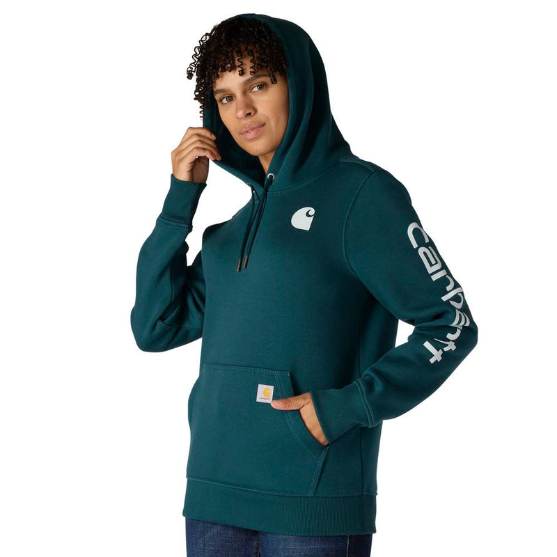 Load image into Gallery viewer, Carhartt W TS2791 Sleeve Logo Hoodie - Greenstone - Hood and Sleeve
