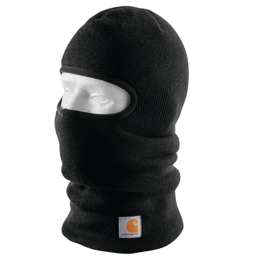 Black knit balaclava beanie ski mask with Carhartt logo on a neck