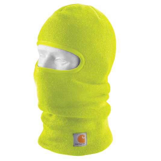 Bright yellow knit balaclava beanie ski mask with Carhartt logo on a neck