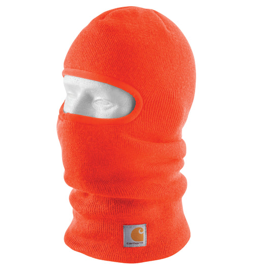 Bright orange knit balaclava beanie ski mask with Carhartt logo on a neck