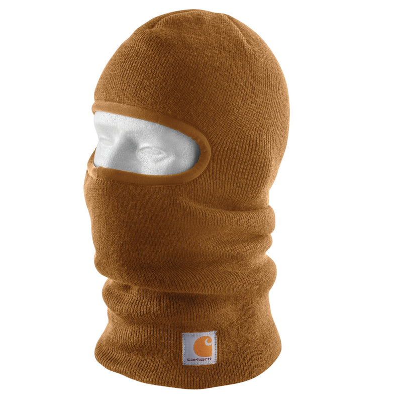 Load image into Gallery viewer, Brown knit balaclava beanie ski mask with Carhartt logo on a neck

