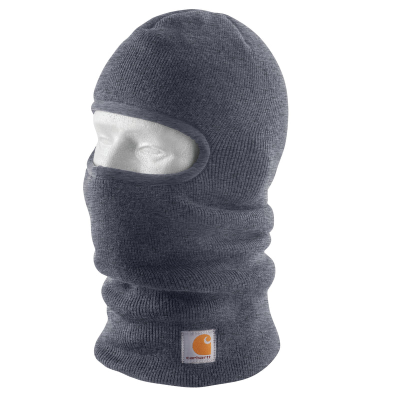 Load image into Gallery viewer, charcoal heather gray knit balaclava beanie ski mask with Carhartt logo on a neck
