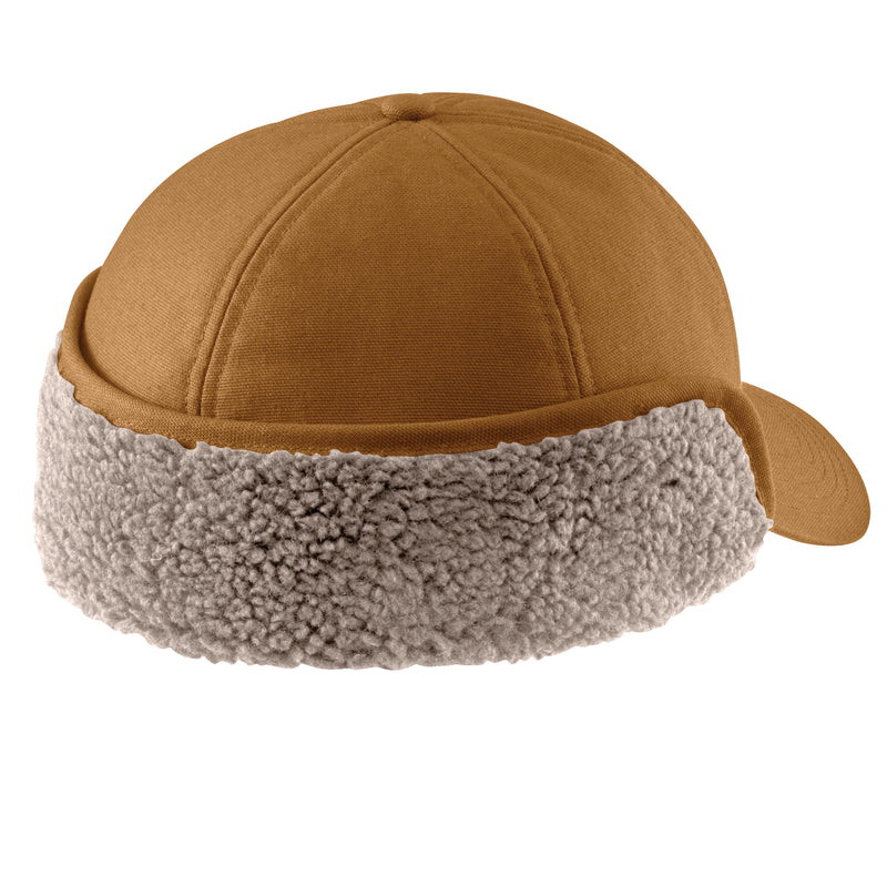 Load image into Gallery viewer, Brown cap with gray fleece lined ear flaps folded up
