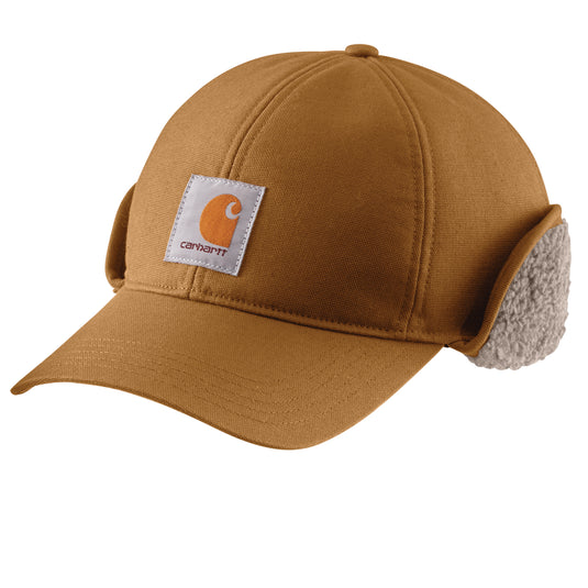 Brown cap with earflaps and Carhartt logo 