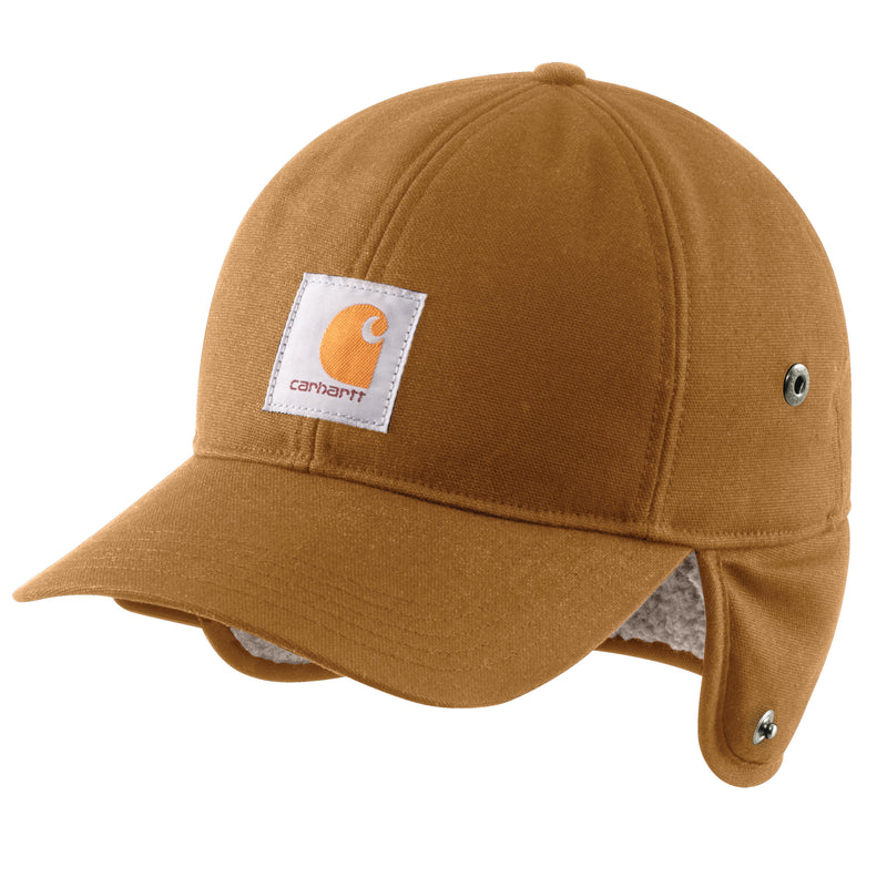 Load image into Gallery viewer, Brown cap with ear flaps and Carhartt logo
