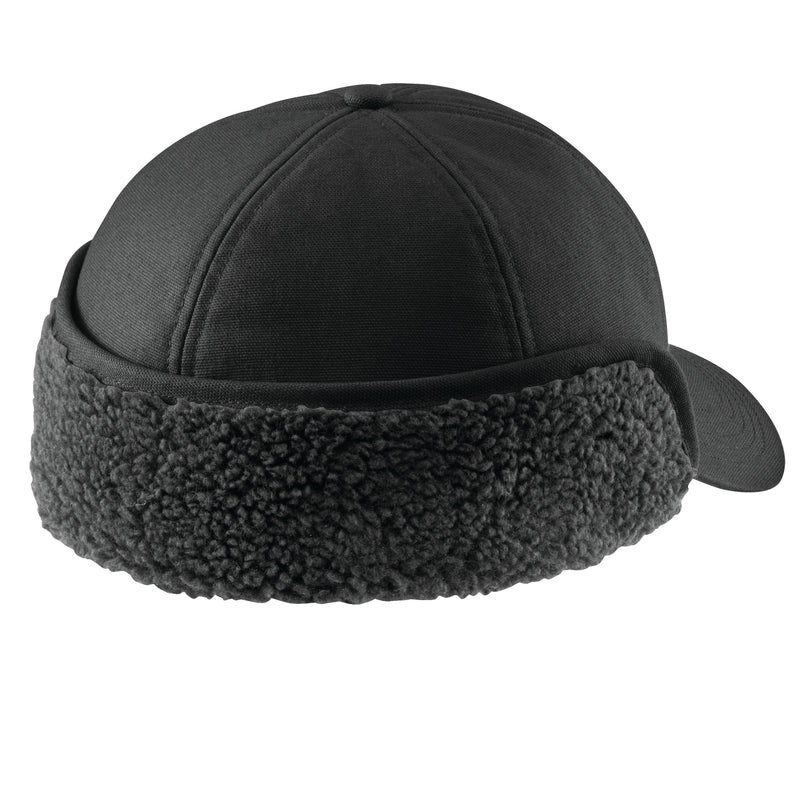 Load image into Gallery viewer, Black cap with gray fleece lining on the earflap folded up
