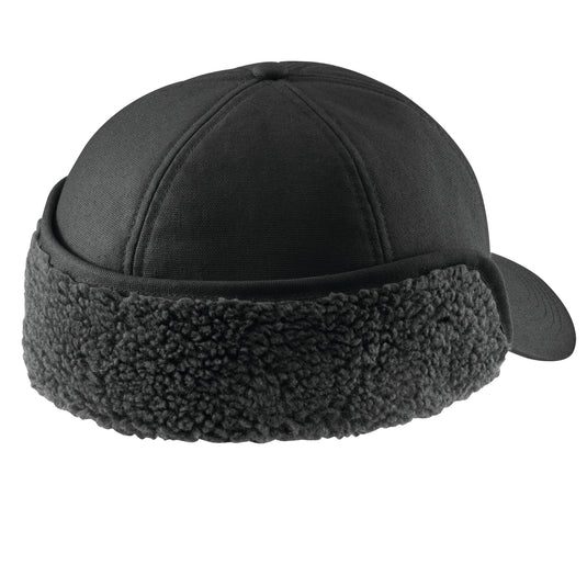 Black cap with gray fleece lining on the earflap folded up