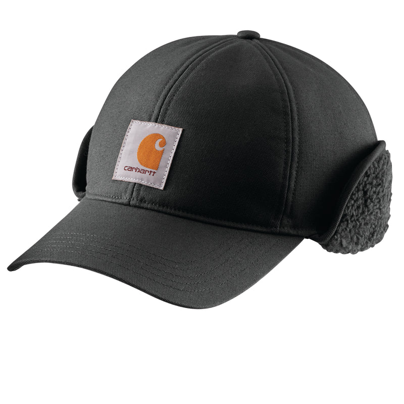 Load image into Gallery viewer, Black cap with earflaps and Carhartt logo 
