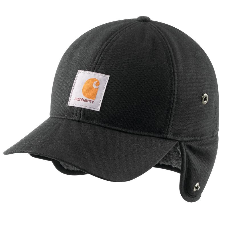 Load image into Gallery viewer, Black cap with Carhartt logo with the ear flaps down
