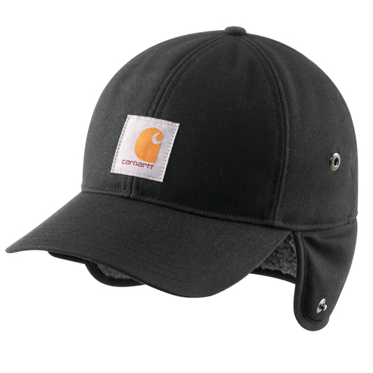 Black cap with Carhartt logo with the ear flaps down