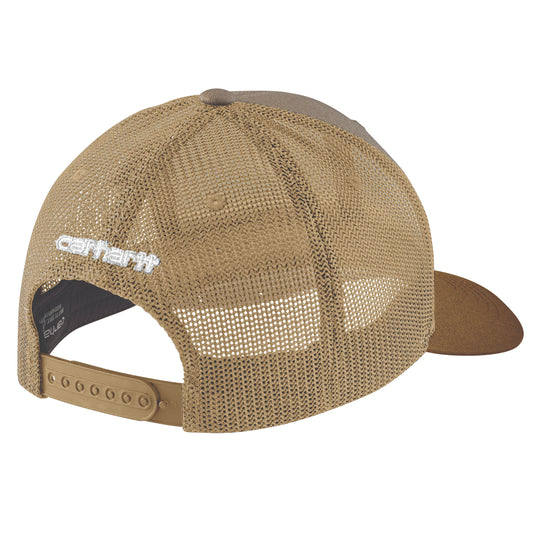 Khaki trucker mesh cap with Carhartt embroidery and a plastic adjustable snap back.