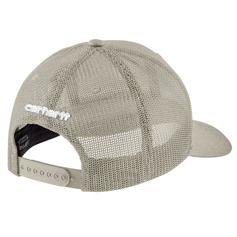 Load image into Gallery viewer, Beige trucker mesh cap with Carhartt embroidery and a plastic adjustable snap back.
