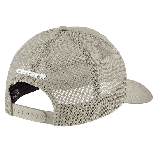 Beige trucker mesh cap with Carhartt embroidery and a plastic adjustable snap back.