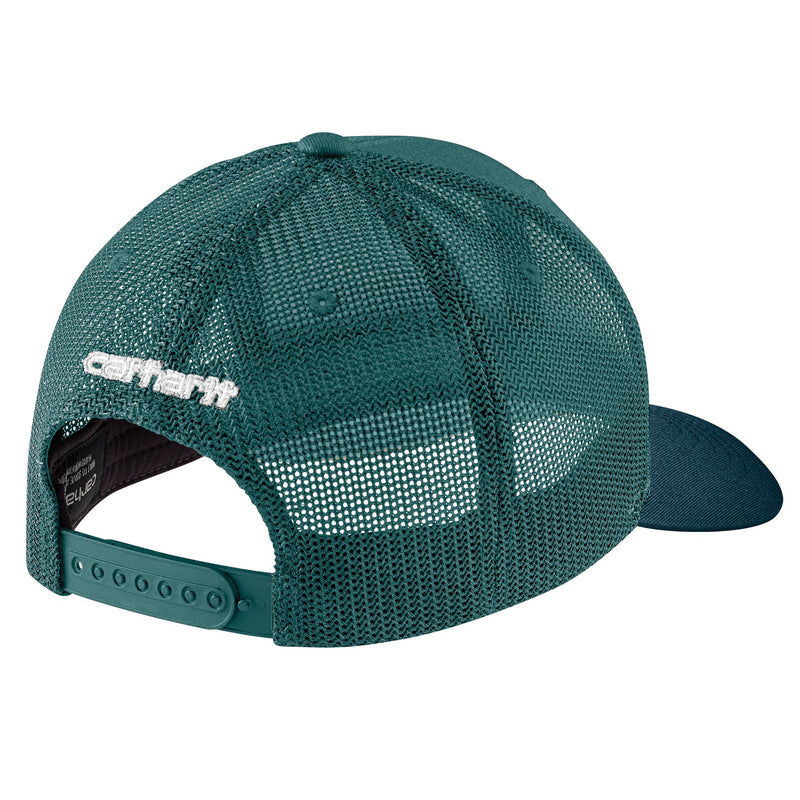 Load image into Gallery viewer, Teal trucker mesh cap with Carhartt embroidery and a plastic adjustable snap back.
