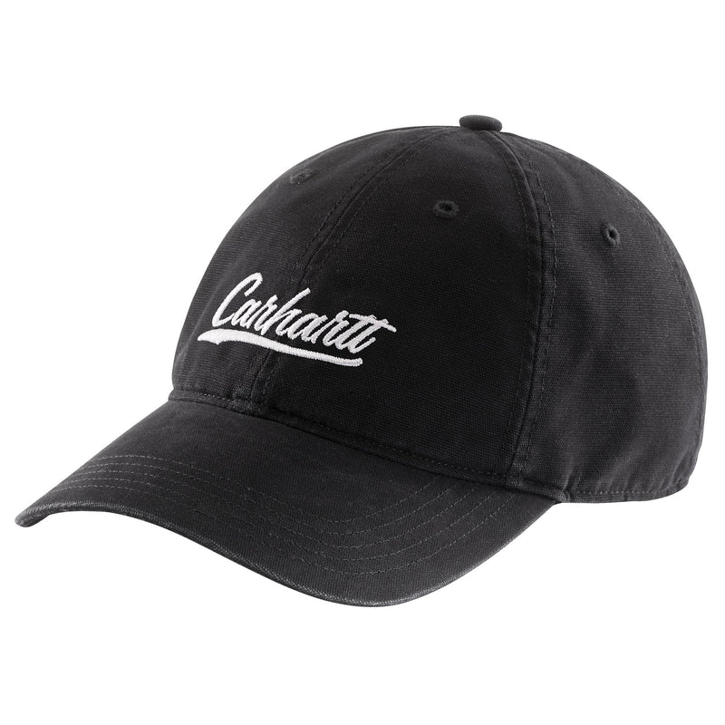 Load image into Gallery viewer, Black cap with white Carhartt embroidery logo on the front.
