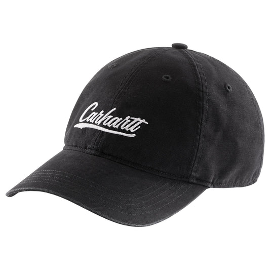 Black cap with white Carhartt embroidery logo on the front.