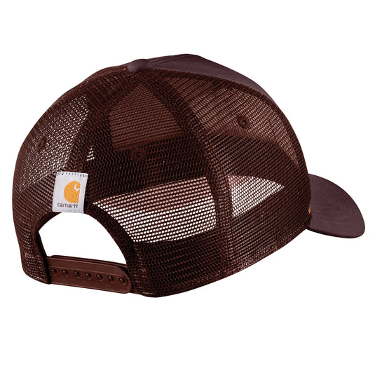 Burgundy mesh cap with Carhartt logo and a plastic snapback strap.
