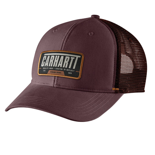 Maroon trucker cap with Carhartt logo patch that is "Crafted to Outlast"