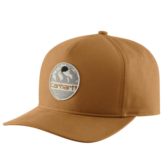 Brown cap with Carhartt mountain logo patch on the front.
