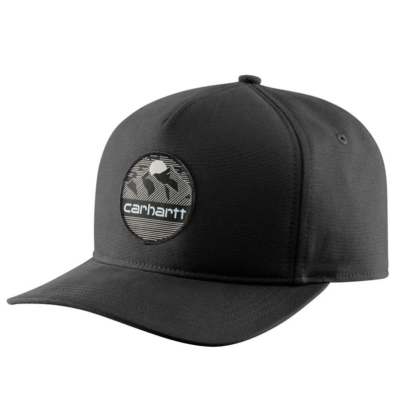 Load image into Gallery viewer, Black cap with Carhartt mountain logo patch on the front.
