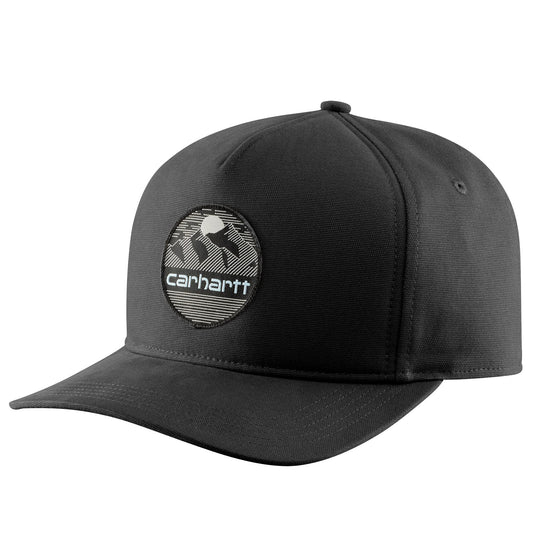 Black cap with Carhartt mountain logo patch on the front.