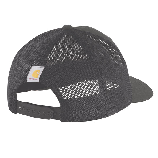 Carhartt Rugged Flex Canvas Mesh-Back trucker cap with a Carhartt logo and adjustable snap back strap in gravel gray.
