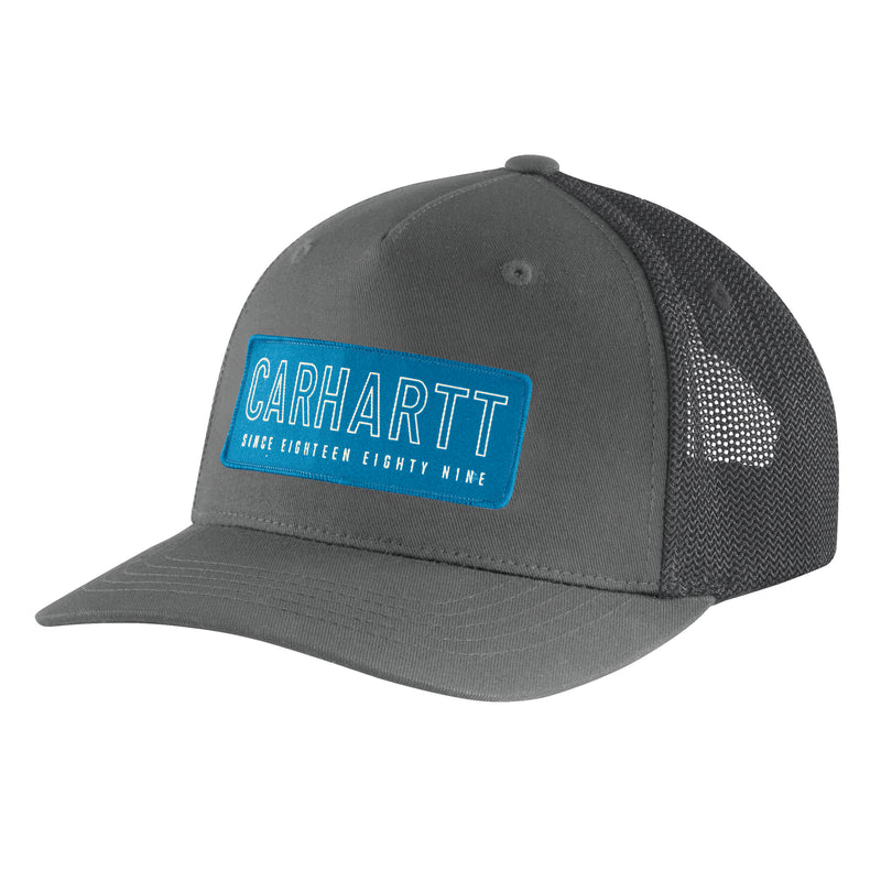 Load image into Gallery viewer, Carhartt Rugged Flex Canvas Mesh-Back trucker cap with a Carhartt 1889 (since eighteen eighty nine) patch logo on the front in gravel gray.

