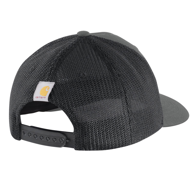 Load image into Gallery viewer, Carhartt Rugged Flex Canvas Mesh-Back trucker cap with a Carhartt logo and adjustable snap back strap in gravel gray.
