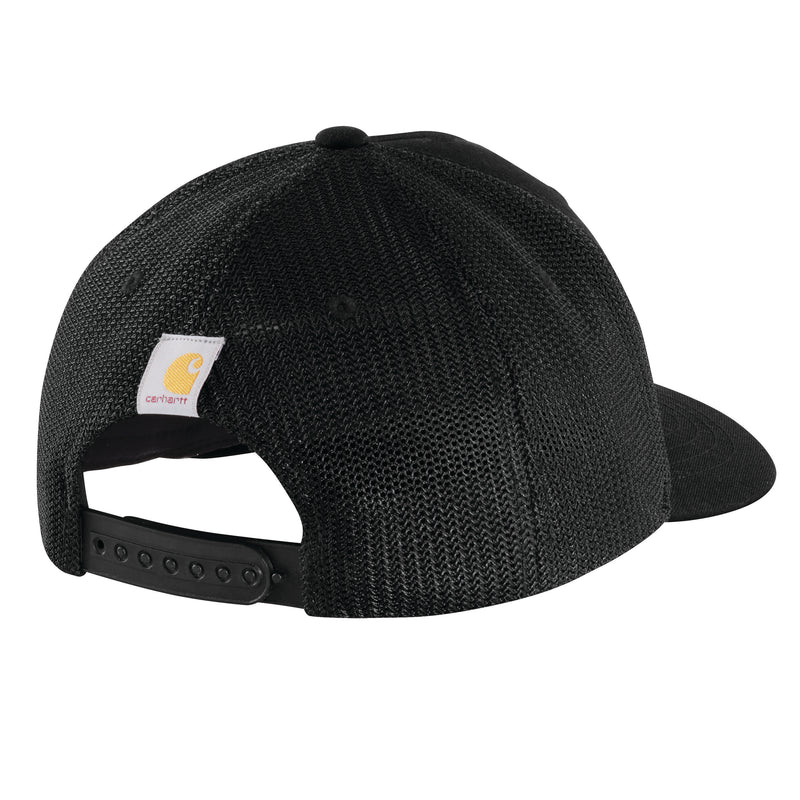 Load image into Gallery viewer, Carhartt Rugged Flex Canvas Mesh-Back trucker cap with a Carhartt logo and adjustable snap back strap in black.
