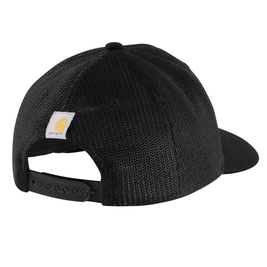 Carhartt Rugged Flex Canvas Mesh-Back trucker cap with a Carhartt logo and adjustable snap back strap in black.