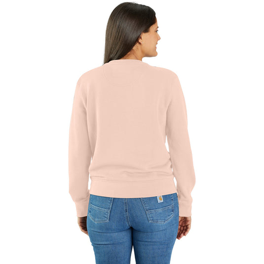 A woman shown from the back wearing a light pink crewneck sweatshirt and blue jeans against a plain white background.