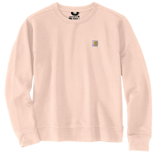 A light peach-pink crewneck sweatshirt by Carhartt, featuring the brand's signature square chest patch on the left chest and a black neck label.