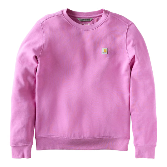 A pink crewneck sweatshirt by Carhartt, featuring the brand's signature square logo patch on the left chest, laid flat against a white background.