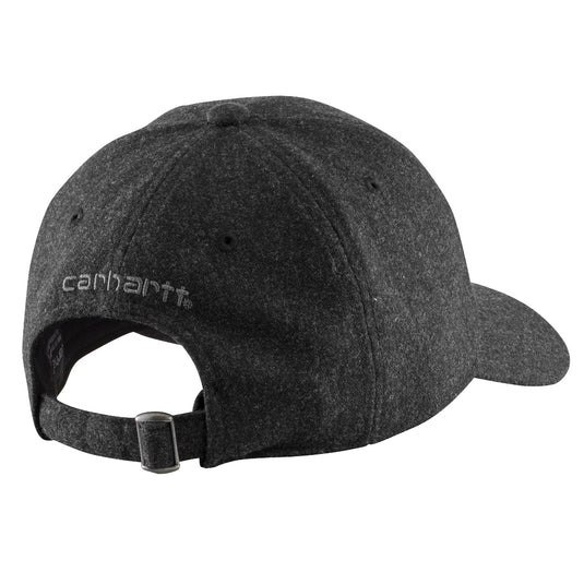 Heather black/dark grey cap with a Carhartt embroidery on the back with an adjustable buckle strap.