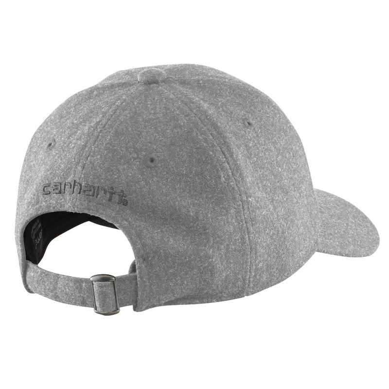 Load image into Gallery viewer, Heather grey cap with a Carhartt embroidery on the back with an adjustable buckle strap.
