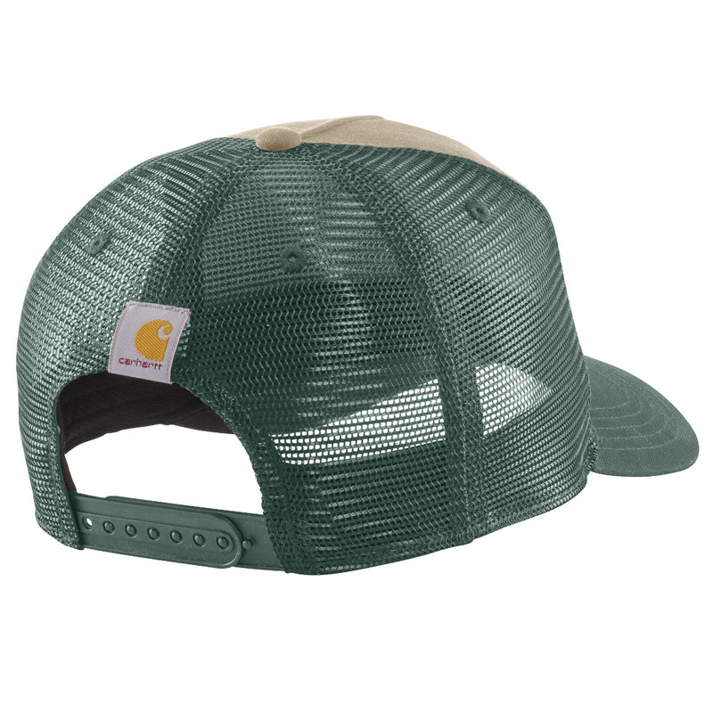 Load image into Gallery viewer, Green mesh cap with beige visor and Carhartt logo and adjustable snapback strap.

