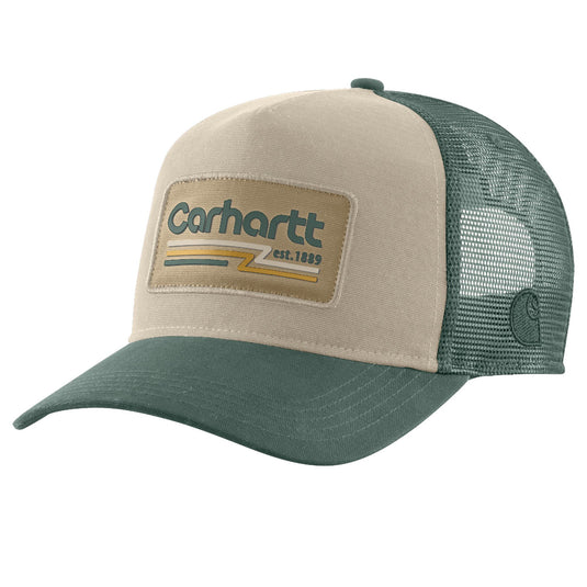 Green and beige trucker hat with Carhartt 1889 retro logo on the front.