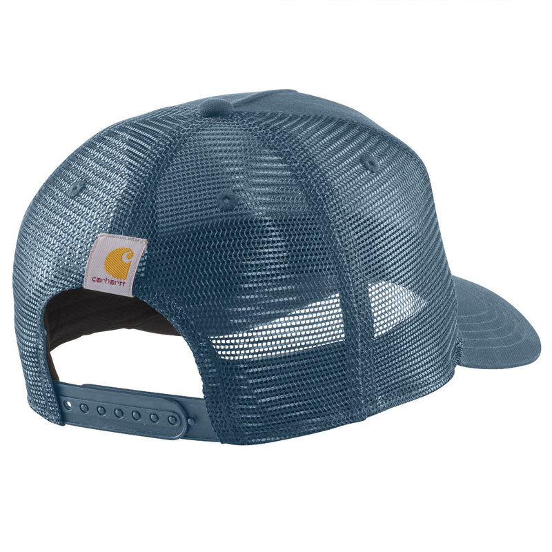 Load image into Gallery viewer, Blue trucker mesh cap and Carhartt logo with a snapback adjustable strap.
